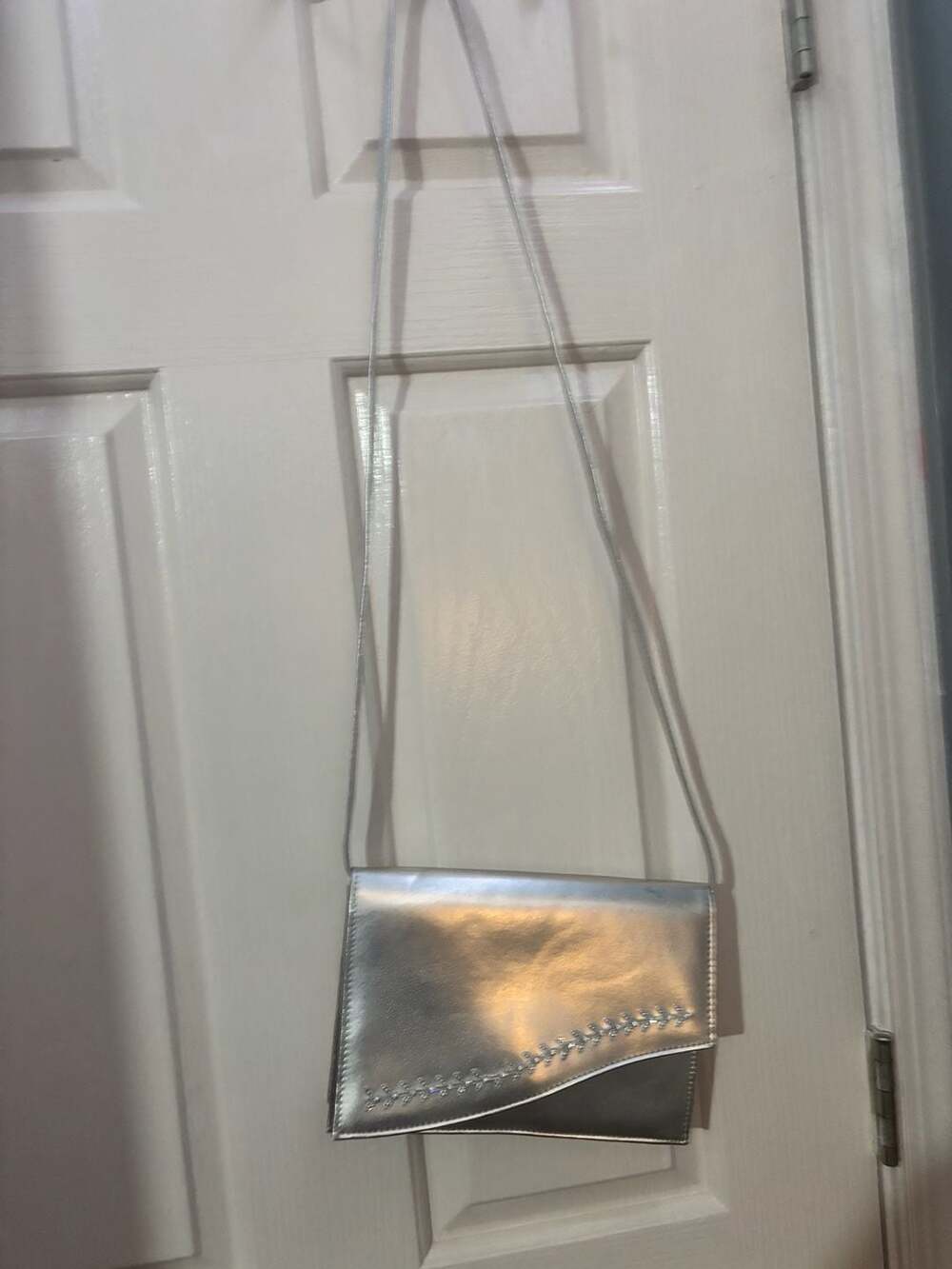 Silver Metallic Envelope Crossbody Bag with Beaded Leaf Trim